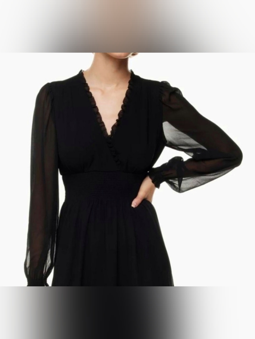 Wilfred Black V-Neck Long Sleeve Smocked-Waist Eligant Dress